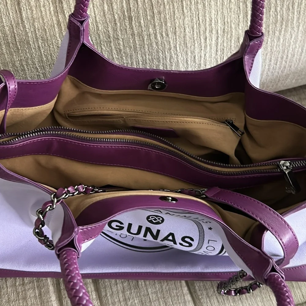 Gunas New York Ruth  canvas tote bag purple trimmed in leather APX 16 x 11 x 4 - Picture 11 of 13